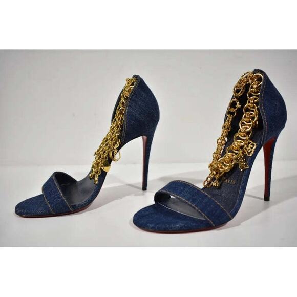 Christian Louboutin Gourmi Sandal 100 Denim Gold Charm Ankle Strap Heel Pump 37 - Picture 10 of 12